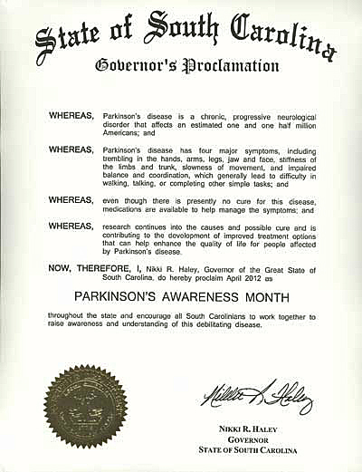 2012 SC Parkinson Awareness Proclamation