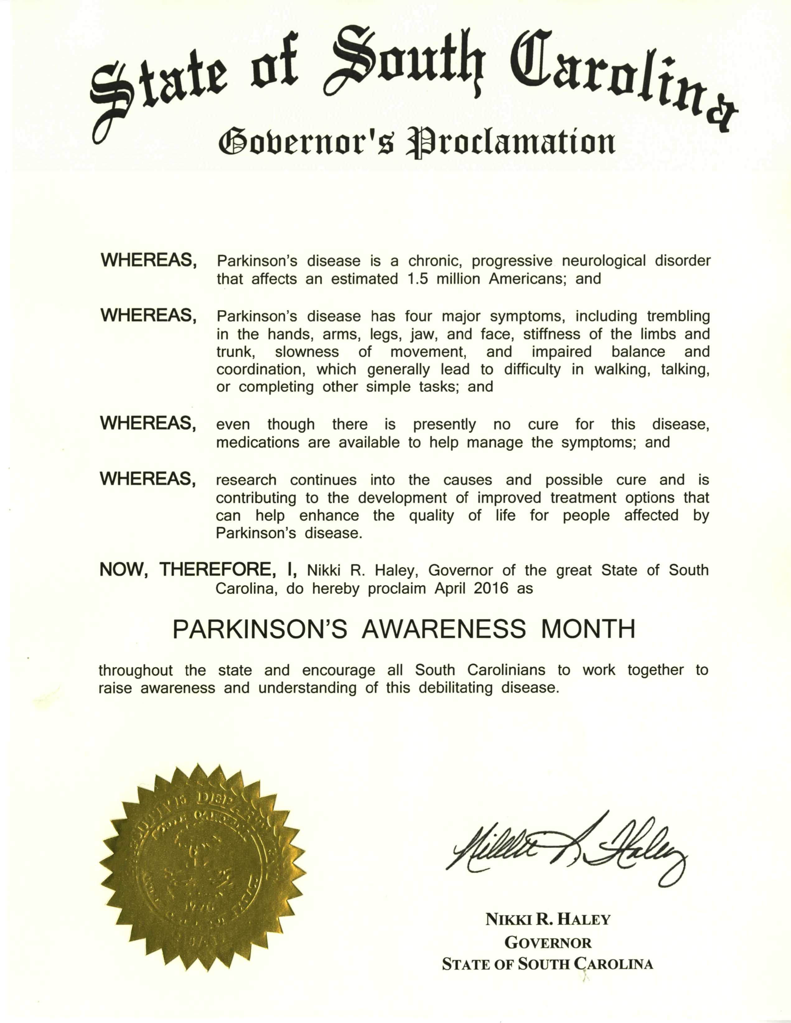 2016  Parkinson's Awareness Proclamation