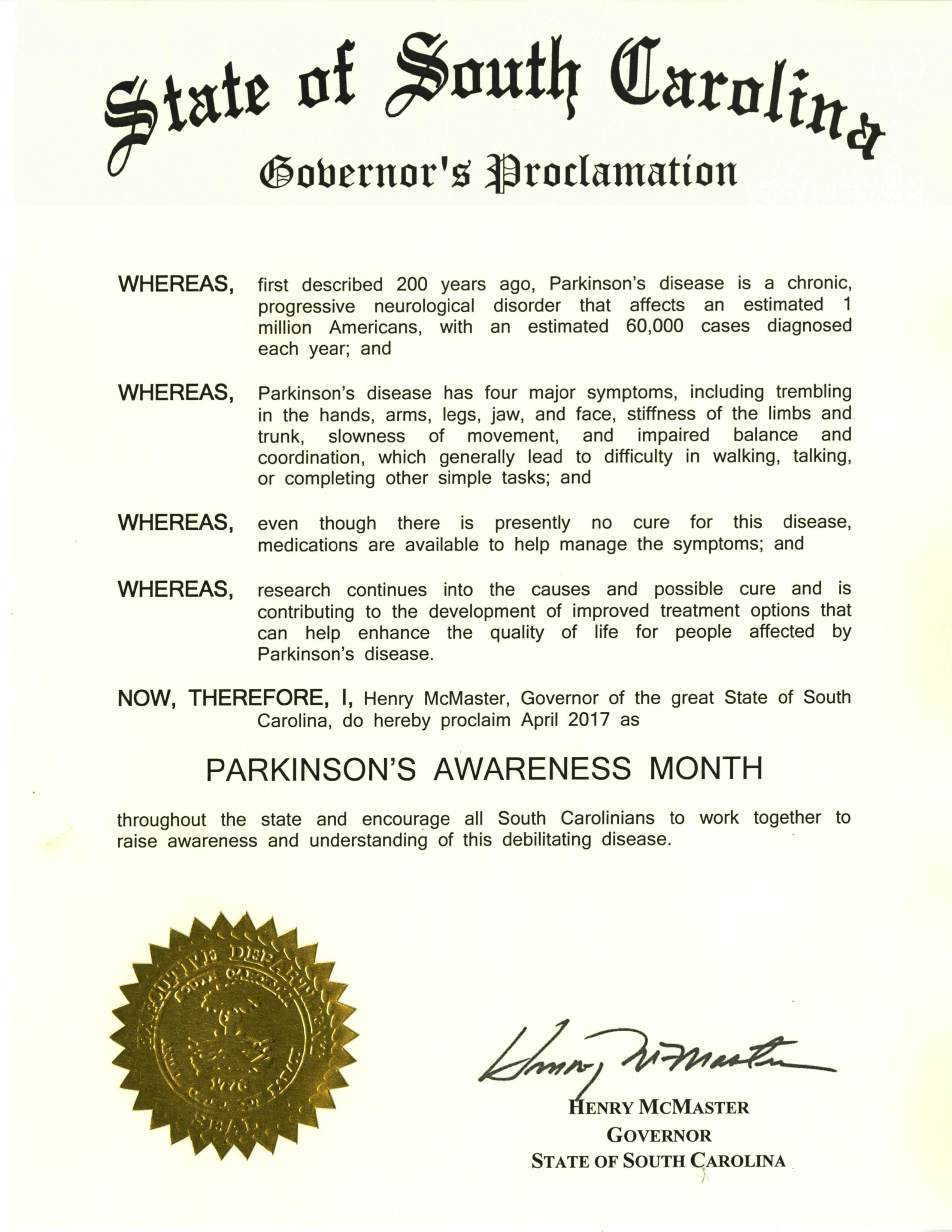 2017 Parkinson's Awareness Proclamation